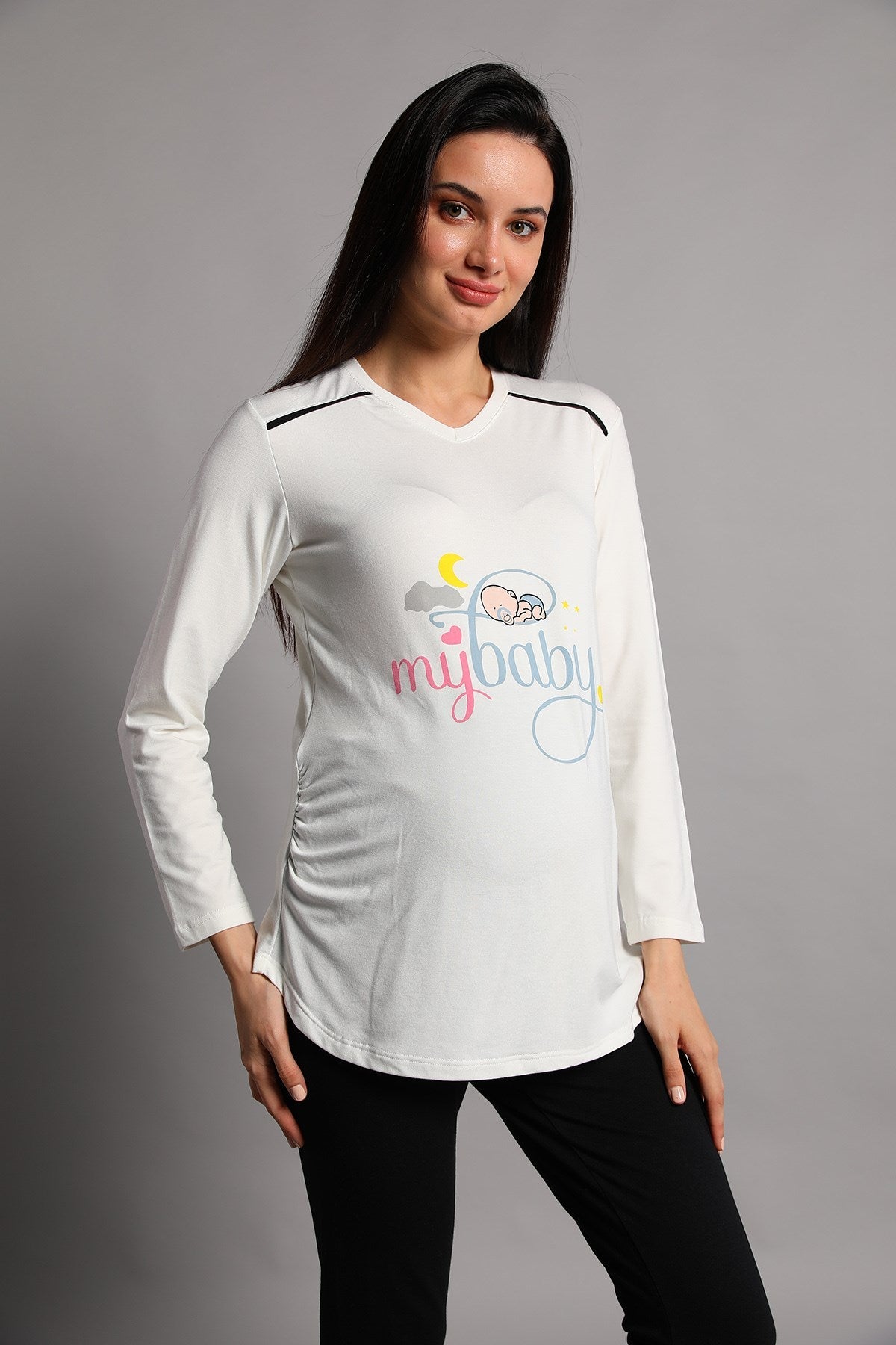 Shopymommy 5345 My Baby Maternity T-Shirt & Tights Set Ecru-2