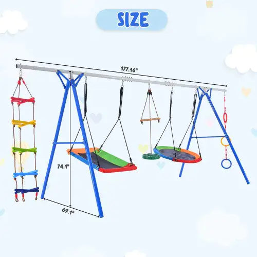 5-in-1 Outdoor Toddler Swing Set, Playground Swing Set With Steel Frame, Multifunctional Playset For Kids With Climbing Ladder, Saucer Swing, Monkey Pole Swing, Disc Swing And Swing Ring