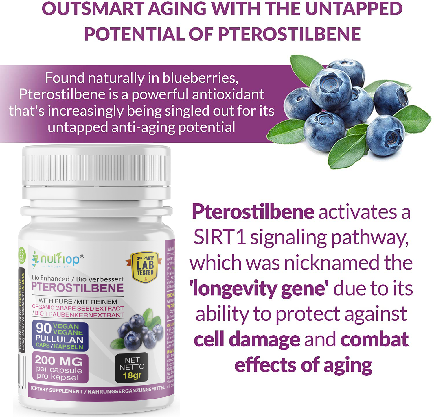 Nutriop Longevity® Pterostilbene Extreme with 100% Pure Organic Grape Seed Extract - 100mg Capsules (x90)-2