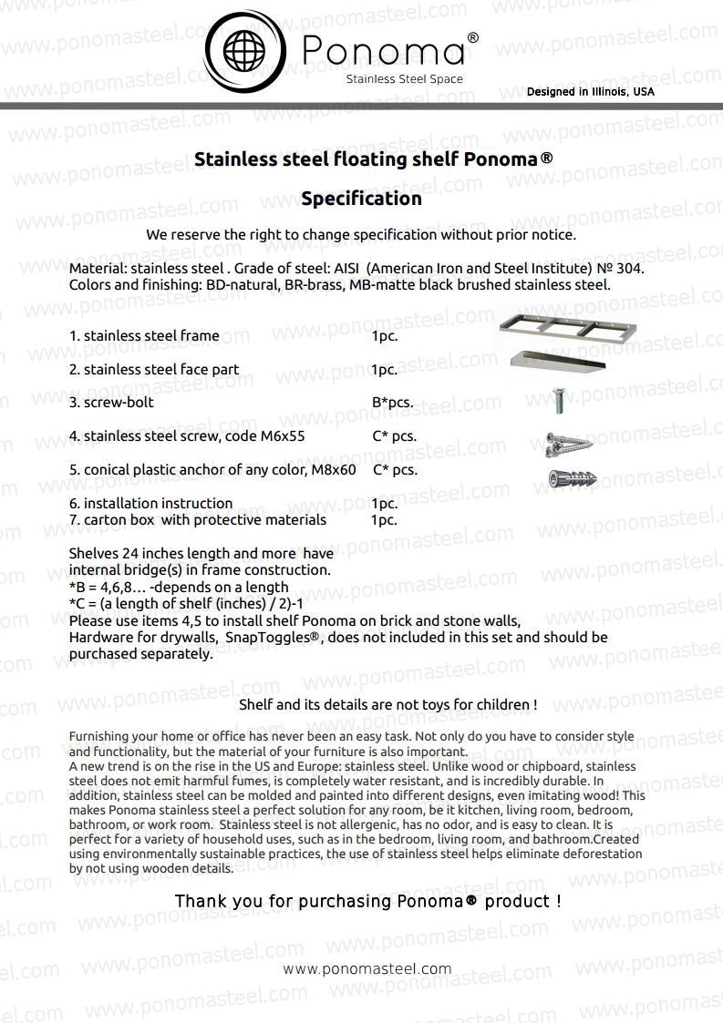 87"x10"x2.0" (cm.221x25,4x6,4) stainless steel floating shelf-32