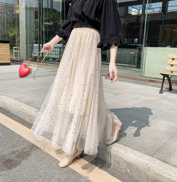 Star sequined mesh skirt summer new female ins super fire long a-line skirt net red fairy skirt Female summer-1