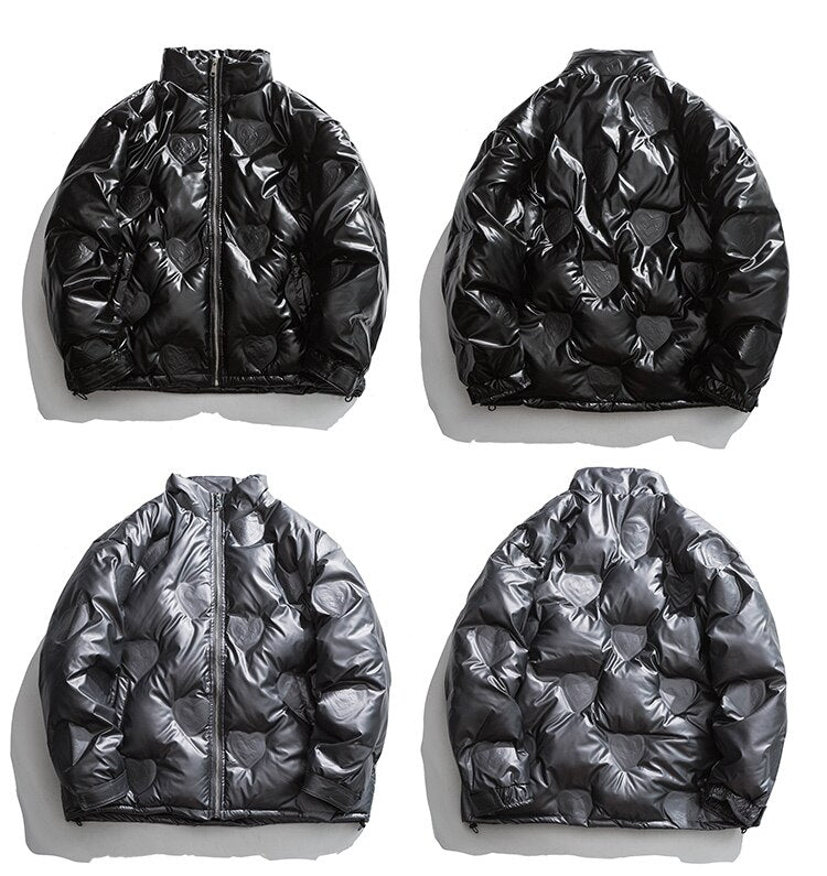 Winter Jacket Men Heart Embossing Solid Color Zipper Black Parkas Baggy Simple Fashion Cool Warm Cozy Padded Streetwear-4