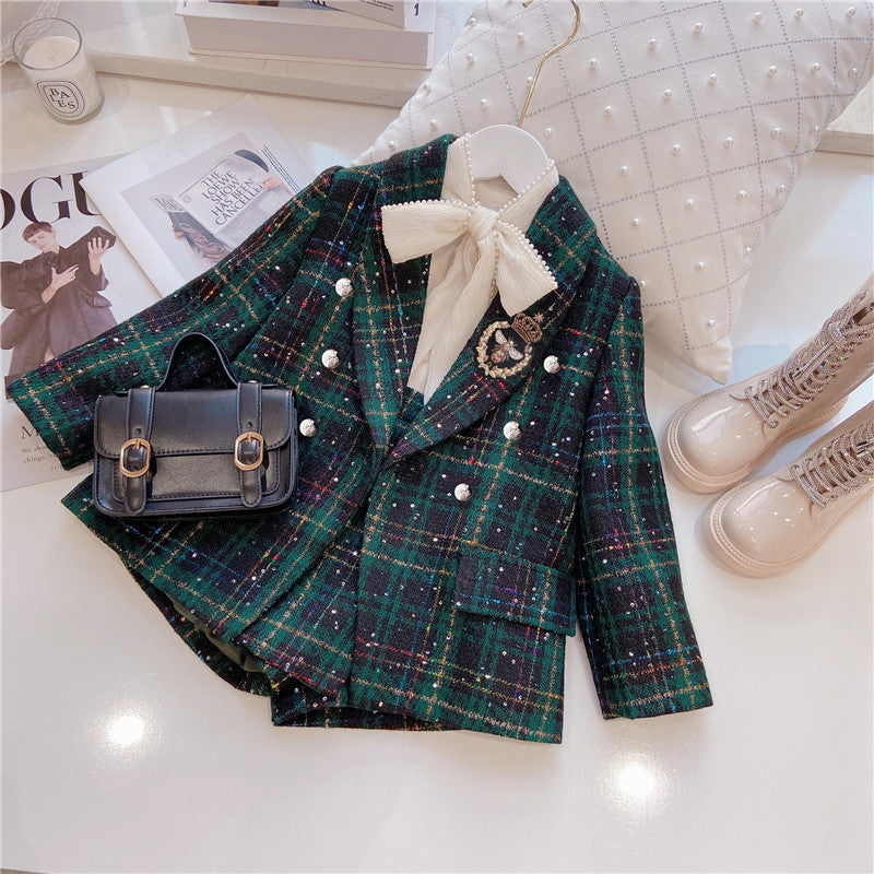 Girls Dark Green Plaid With Dots Open Front Cardigan&Skirt Preppy Suits-1