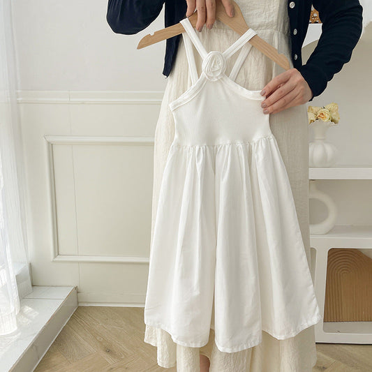 New Design Summer Baby Kids Girls Sleeveless Backless Strap White Dress-0