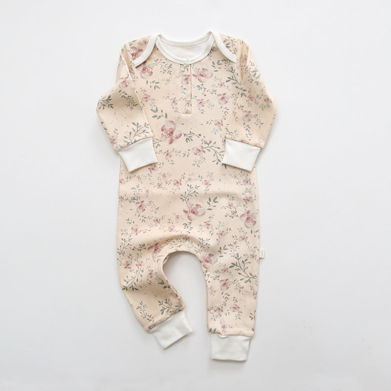 Baby Floral Graphic Envelope Collar Design Soft Cotton Nordic Style Jumpsuit-1