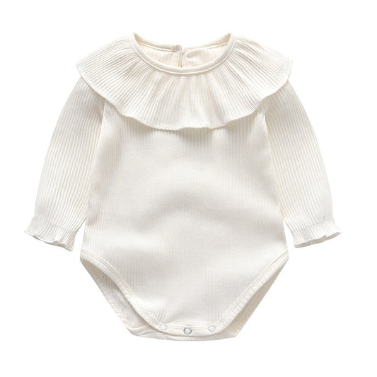 Baby Girl Solid Color Ruffle Neck Design Long Sleeve Onesies-0