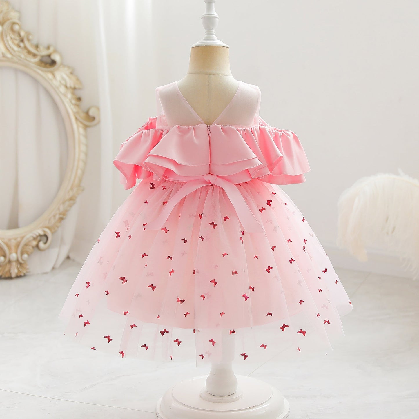 Baby Girl Sequin Patched Design Mesh Patchwork Formal Princess Dress-1