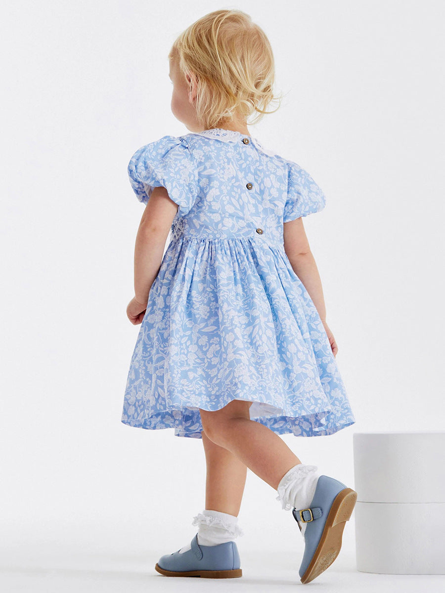 Baby Kids Girls Lace Collar Floral Design Short Sleeves Dress-1
