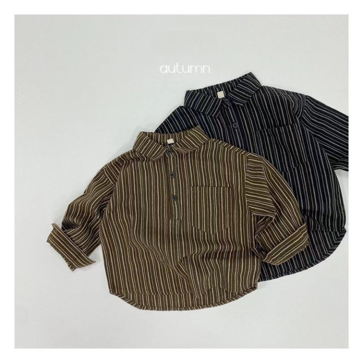 Baby Striped Pattern Quarter Button Design Latest Lapel Shirt-0