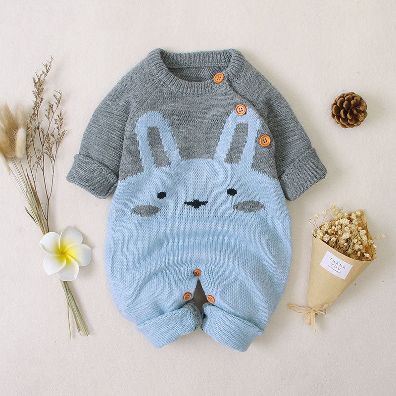 Baby 1pcs Cartton Bunny Graphic Contrast Design Shoulder Button Design Knitted Romper-0