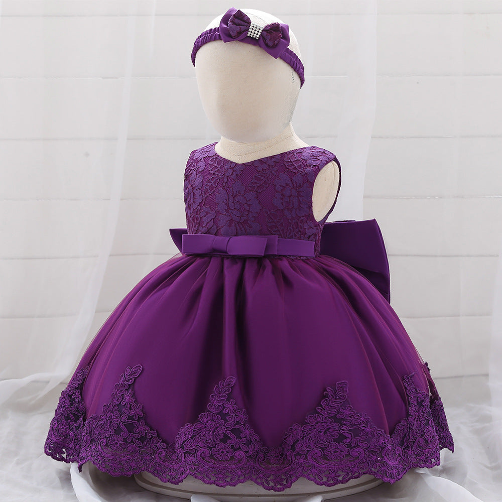 Baby Girl Floral Mesh Overlay Design Princess Full Moon Formal Dress & Headband-25