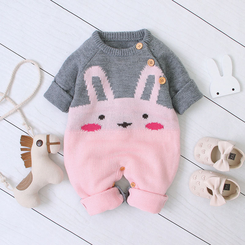 Baby 1pcs Cartton Bunny Graphic Contrast Design Shoulder Button Design Knitted Romper-1