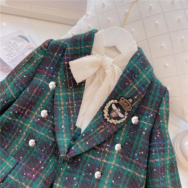 Girls Dark Green Plaid With Dots Open Front Cardigan&Skirt Preppy Suits-2