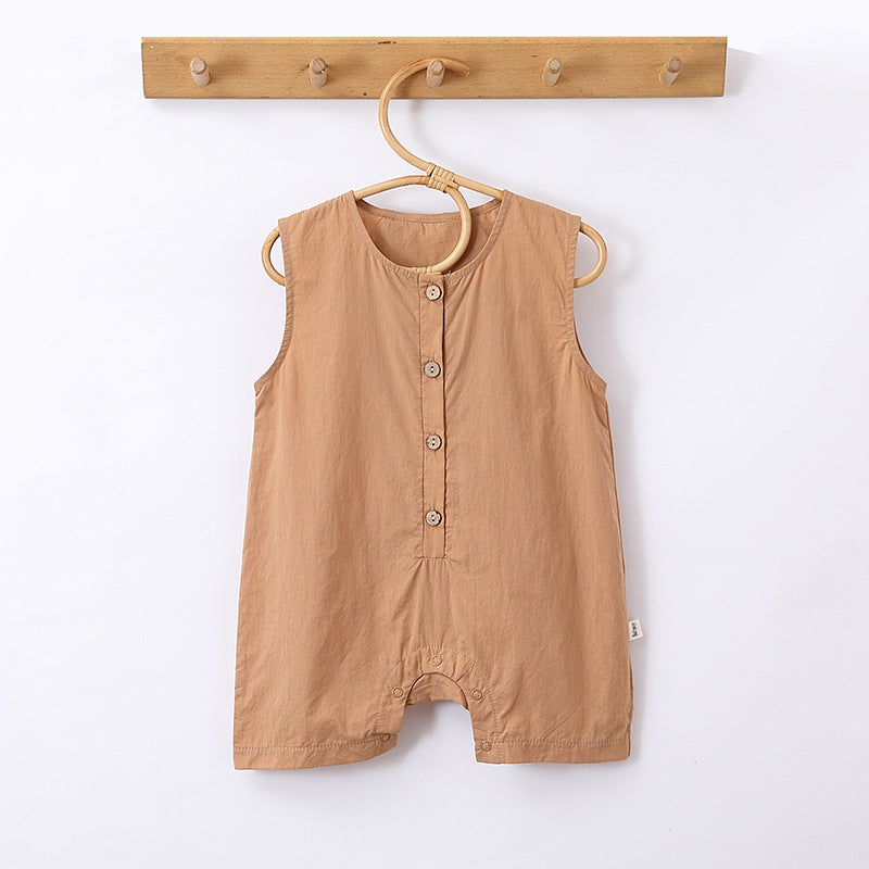 Summer New Arrival Solid Color Crew Neck Button Open Front Sleeveless Rompers-2