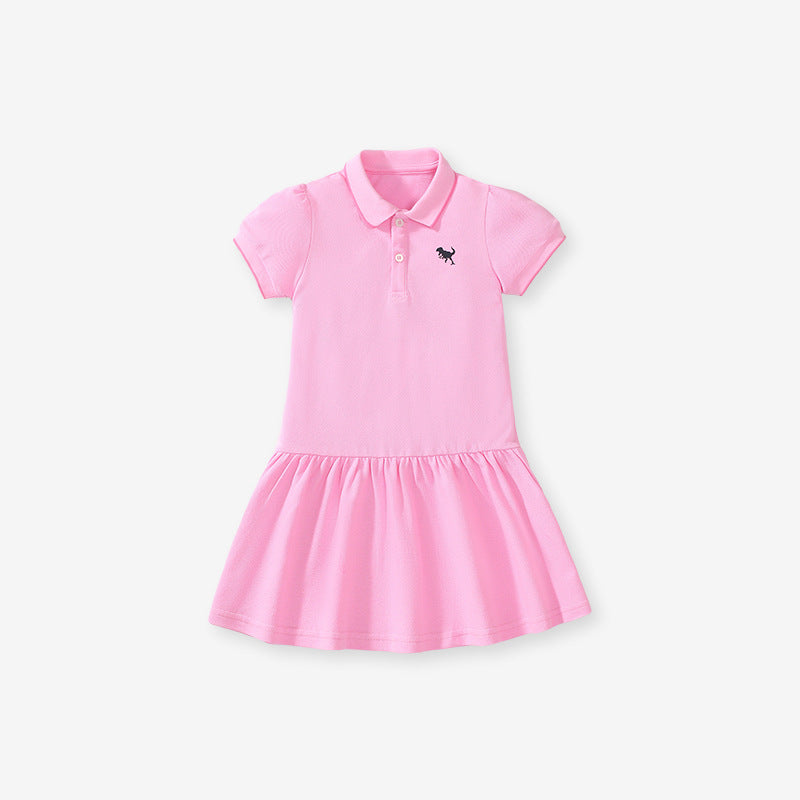 Summer Baby Kids Girls Short Sleeves Black Logo Polo Design Pink Dress-2