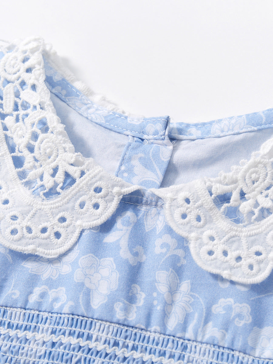 Baby Kids Girls Lace Collar Floral Design Short Sleeves Dress-2