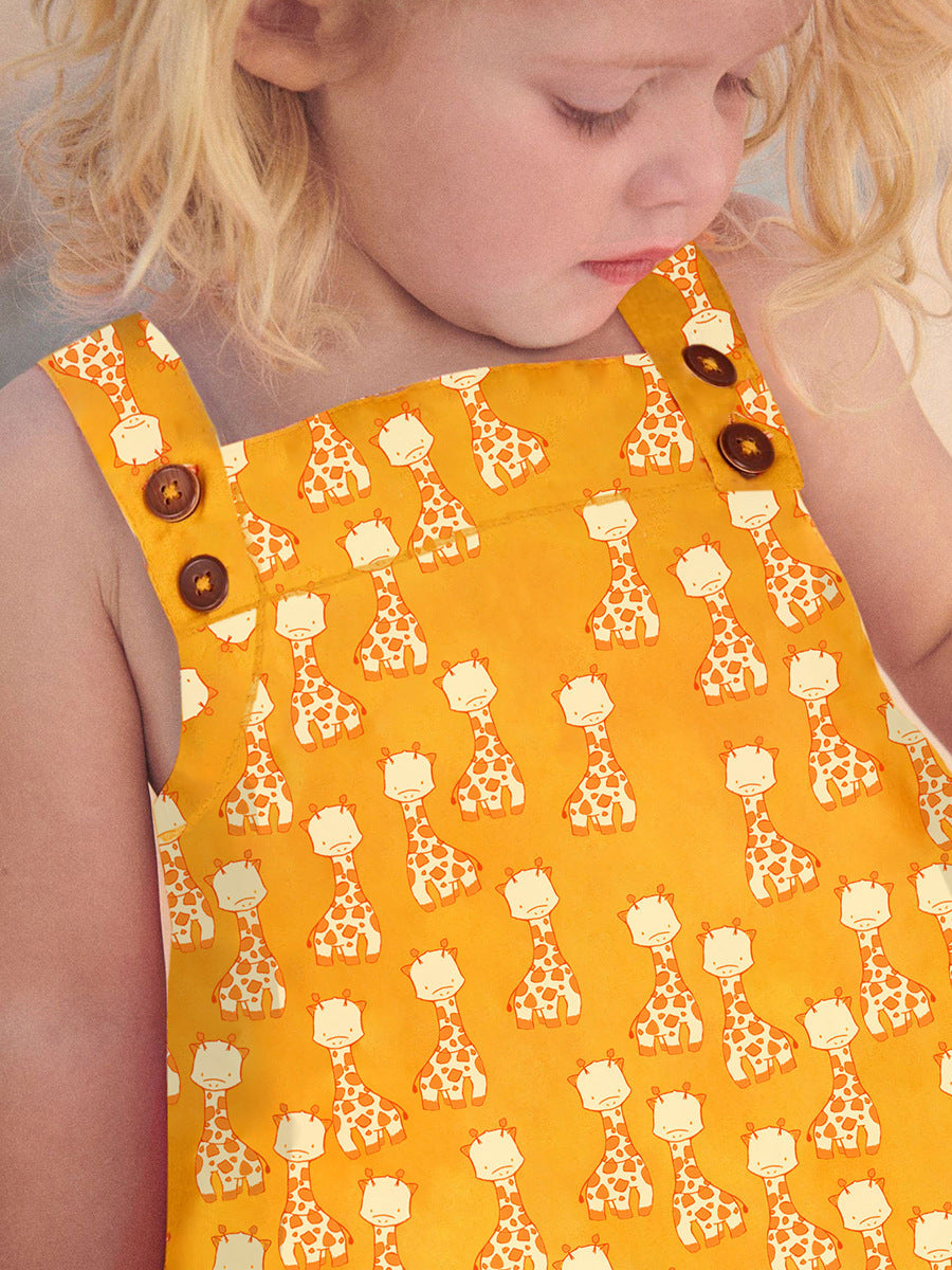 New Design Summer Girls Sleeveless Giraffe Print Yellow Strap Dress-3