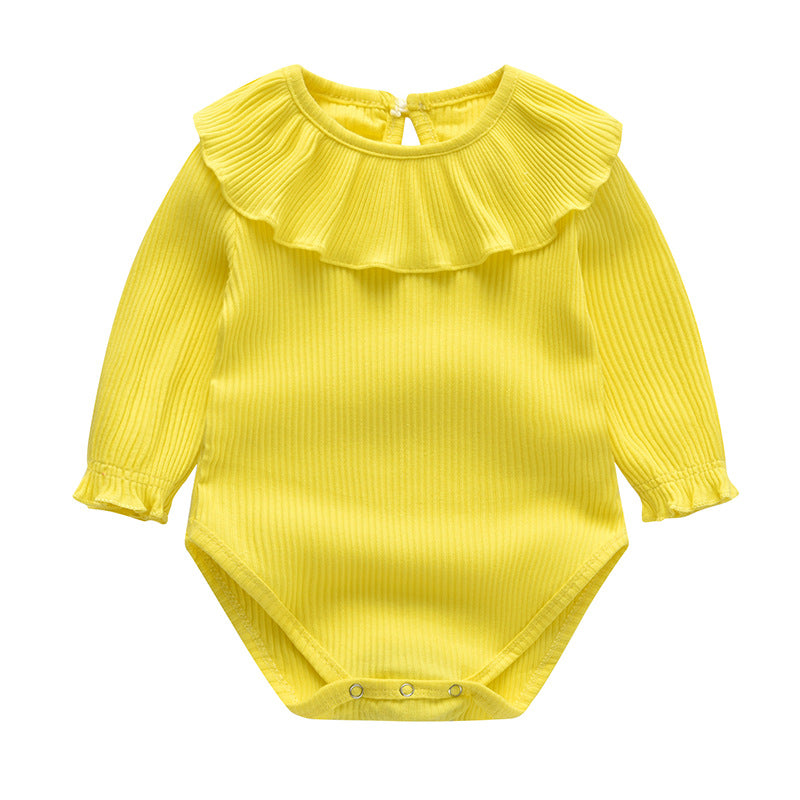 Baby Girl Solid Color Ruffle Neck Design Long Sleeve Onesies-1