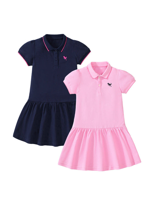 Summer Baby Kids Girls Short Sleeves Black Logo Polo Design Pink Dress-0