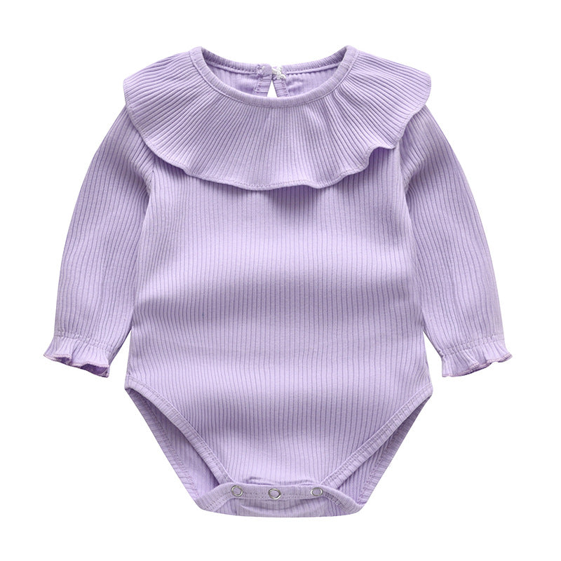 Baby Girl Solid Color Ruffle Neck Design Long Sleeve Onesies-2