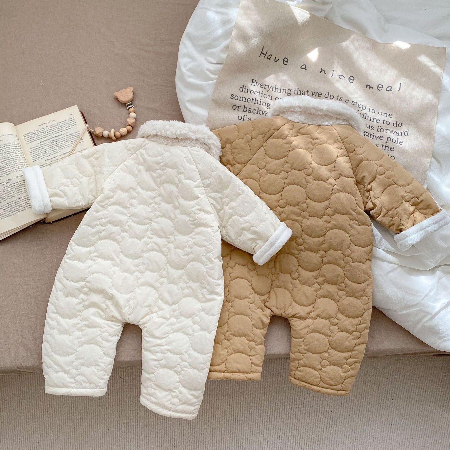 Baby Solid Color Lapel Design Quality Quilted Warm Jumpsuit-3