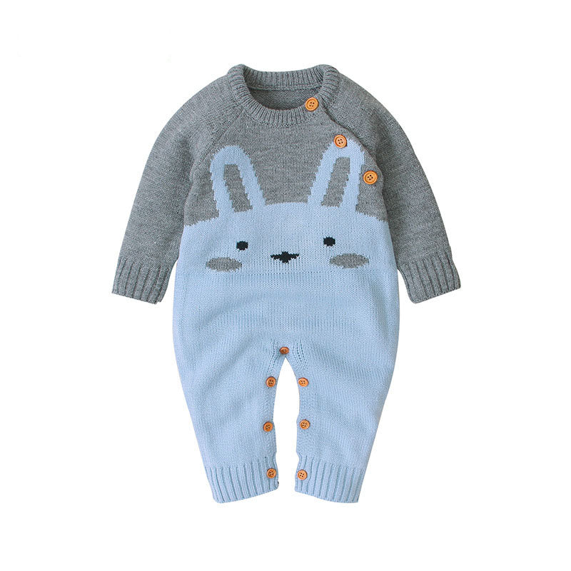 Baby 1pcs Cartton Bunny Graphic Contrast Design Shoulder Button Design Knitted Romper-2