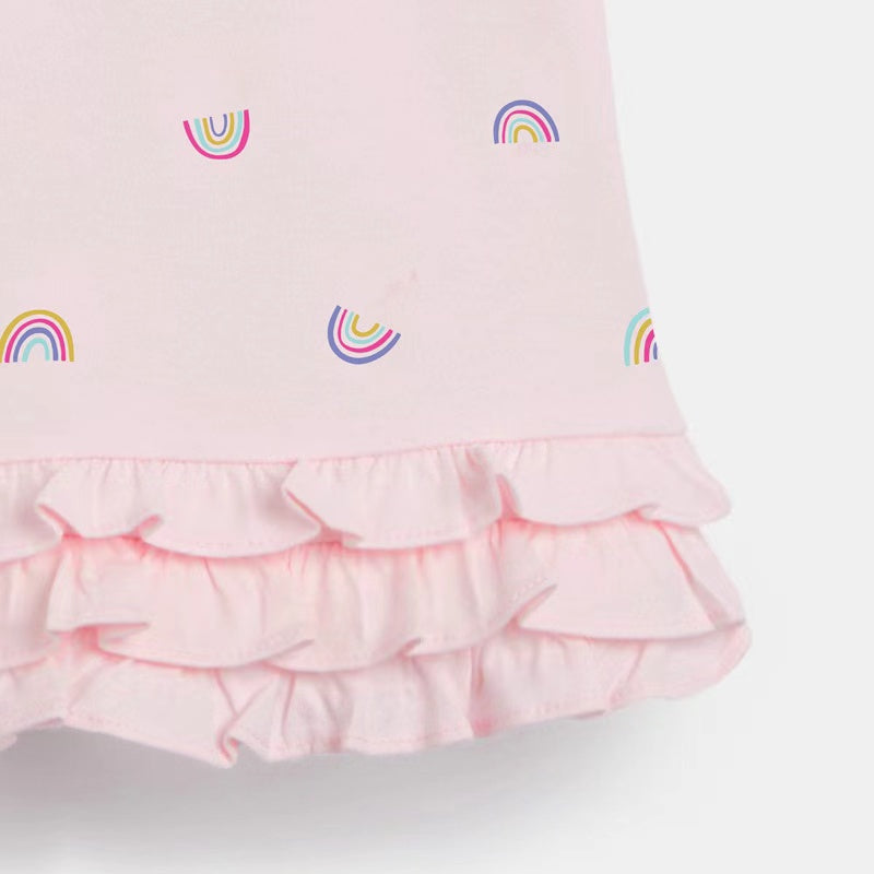 Kids Pink Rainbow Pattern Patchwork Ruffles Design Dress-3