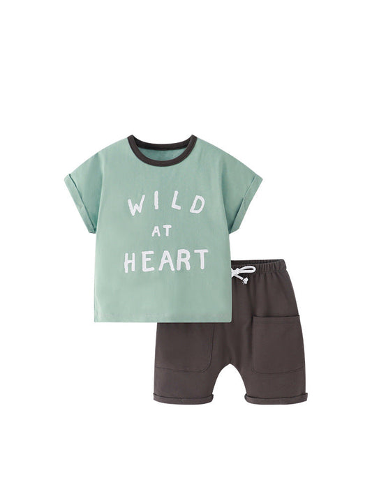 Baby And Kids Boys Words Print Short Sleeves Top And Shorts With Pockets Casual Clothing Set-0