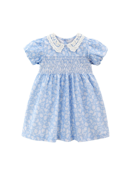 Baby Kids Girls Lace Collar Floral Design Short Sleeves Dress-0