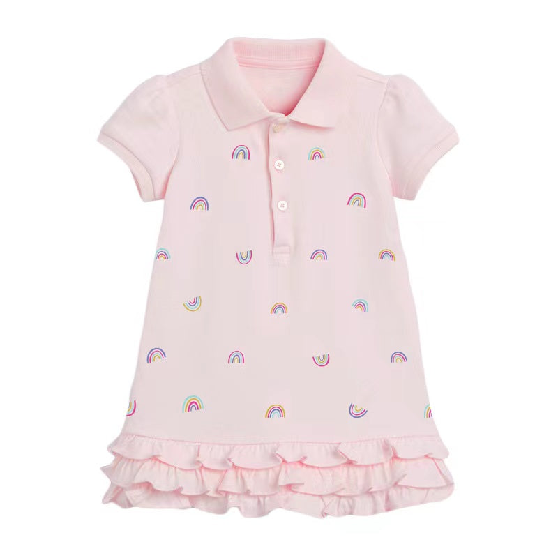 Kids Pink Rainbow Pattern Patchwork Ruffles Design Dress-0