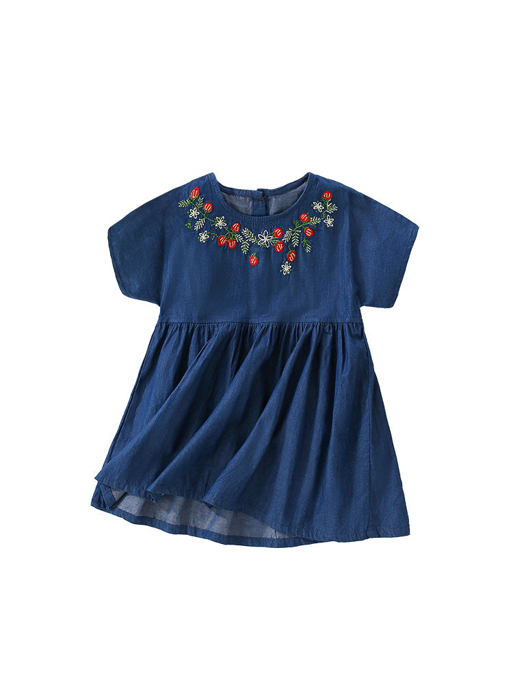 Summer New Arrival Girls’ Flowers Pattern Embroidery Short Sleeves Crew Neck Dress-0