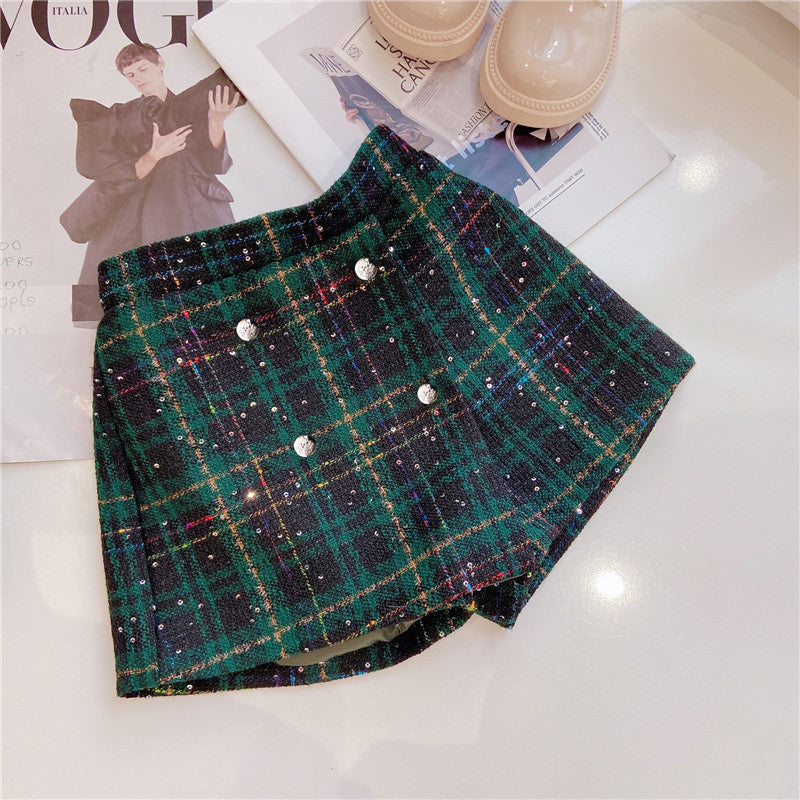 Girls Dark Green Plaid With Dots Open Front Cardigan&Skirt Preppy Suits-4