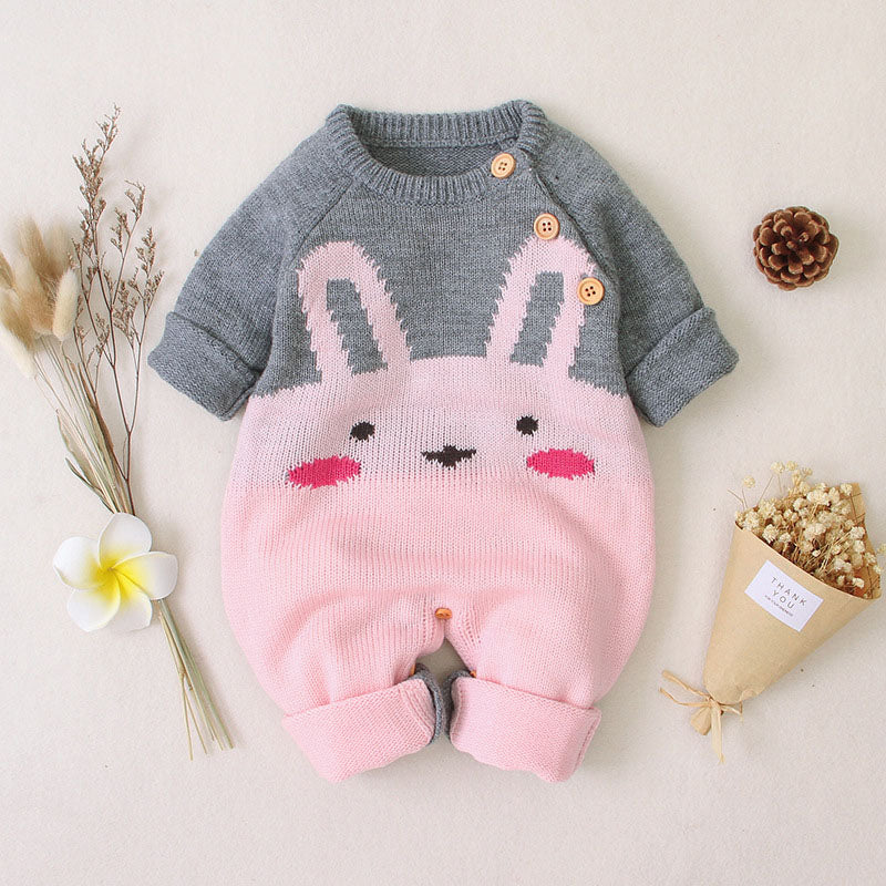 Baby 1pcs Cartton Bunny Graphic Contrast Design Shoulder Button Design Knitted Romper-3