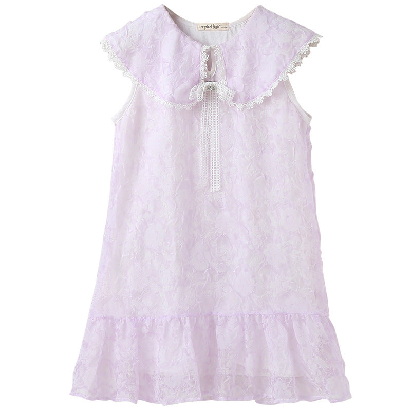 New Design Summer Kids Girls French Style Purple Fashion Lace Trim Collar Dress-4