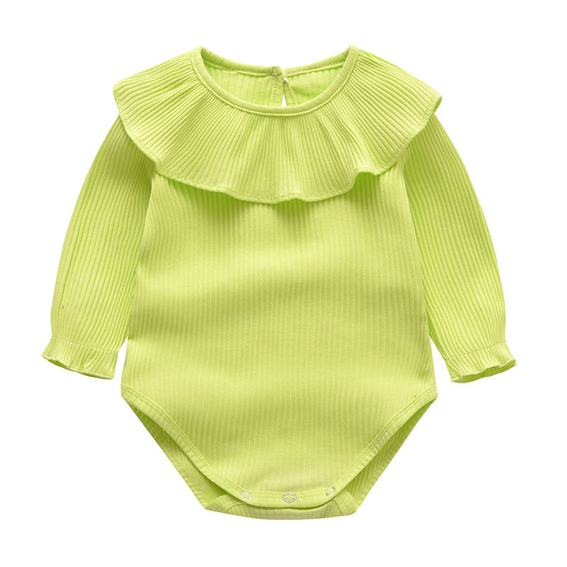 Baby Girl Solid Color Ruffle Neck Design Long Sleeve Onesies-3