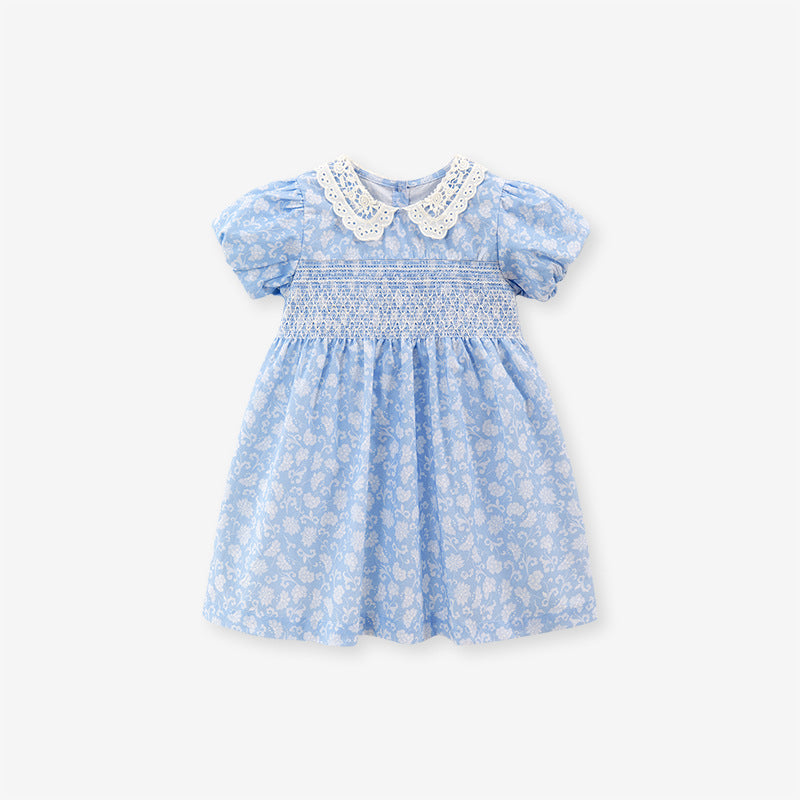 Baby Kids Girls Lace Collar Floral Design Short Sleeves Dress-4