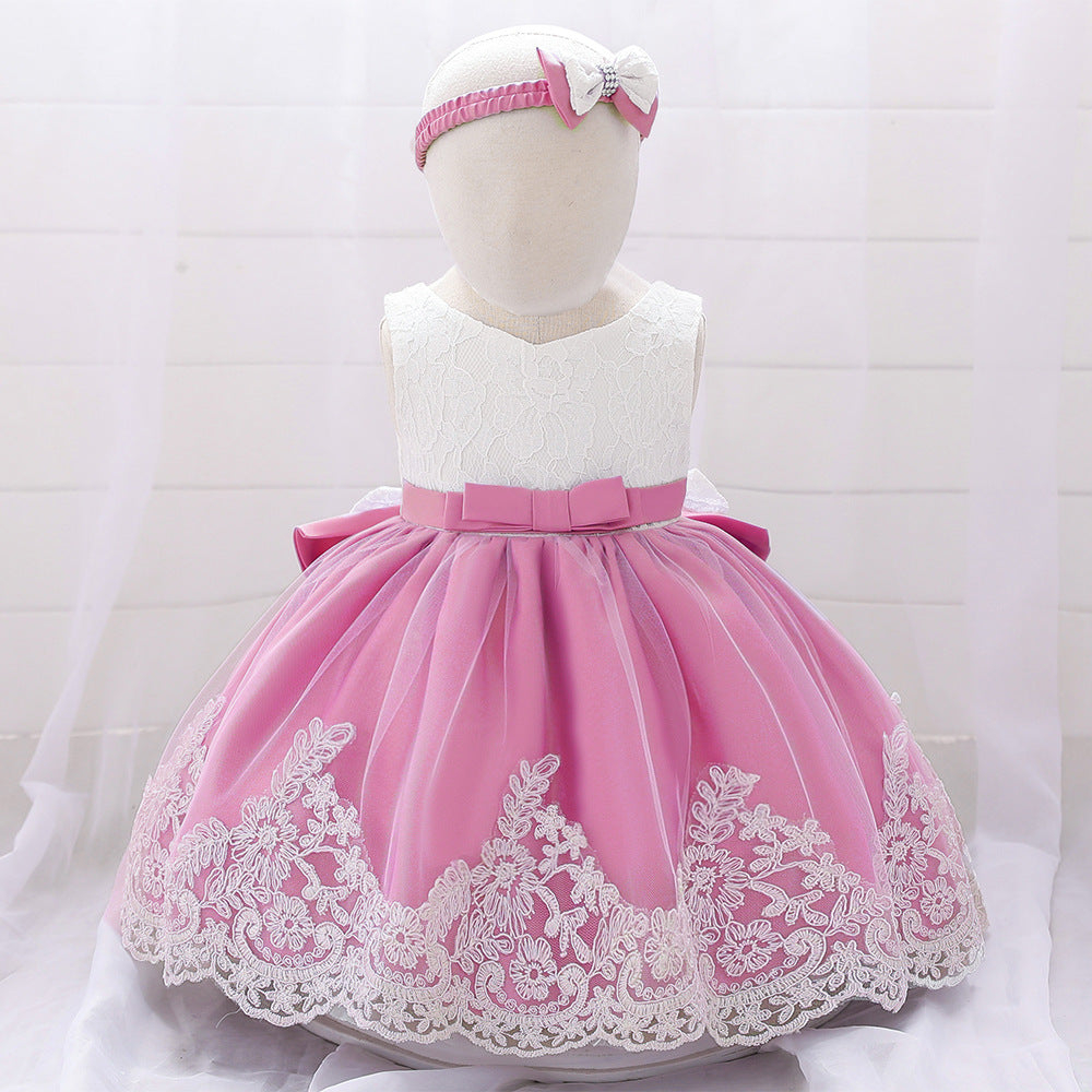 Baby Girl Floral Mesh Overlay Design Princess Full Moon Formal Dress & Headband-15