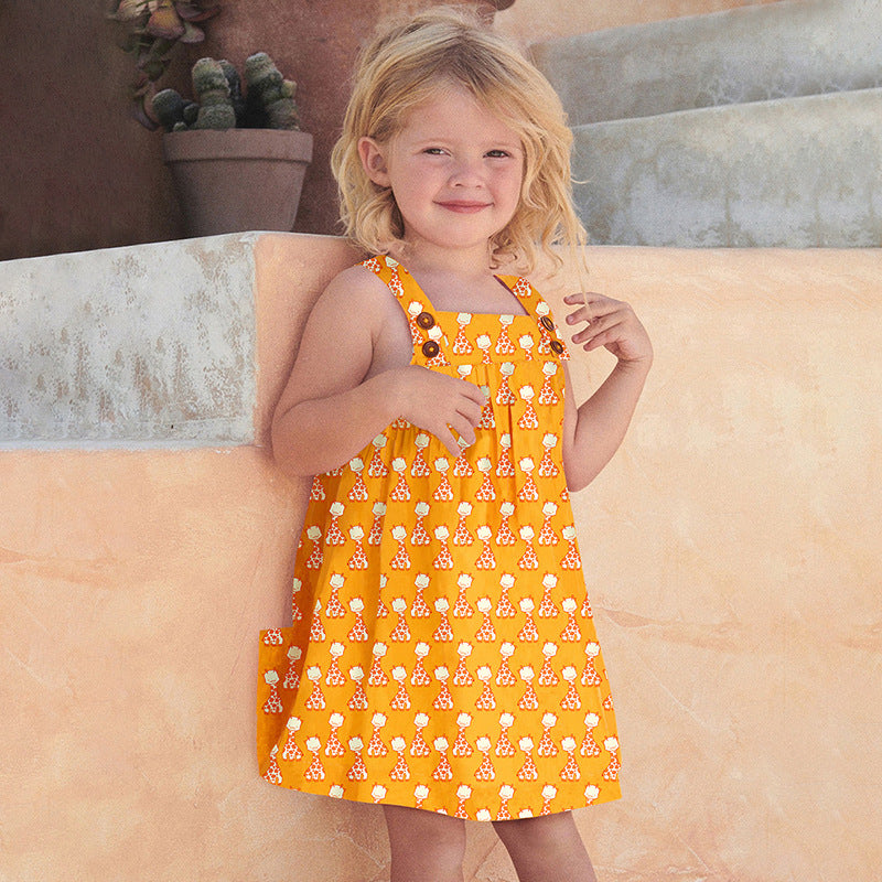 New Design Summer Girls Sleeveless Giraffe Print Yellow Strap Dress-0