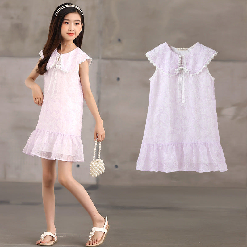 New Design Summer Kids Girls French Style Purple Fashion Lace Trim Collar Dress-0