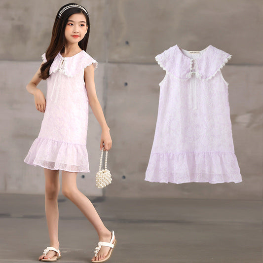 New Design Summer Kids Girls French Style Purple Fashion Lace Trim Collar Dress-0