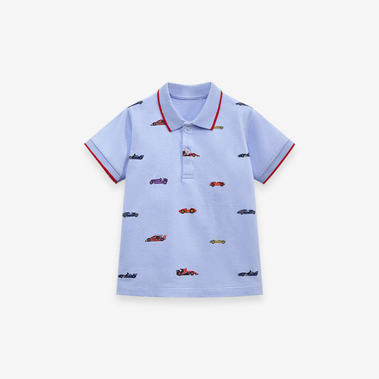 Baby Kids Boys Blue Racing Car Print Short Sleeves Polo Shirt-0