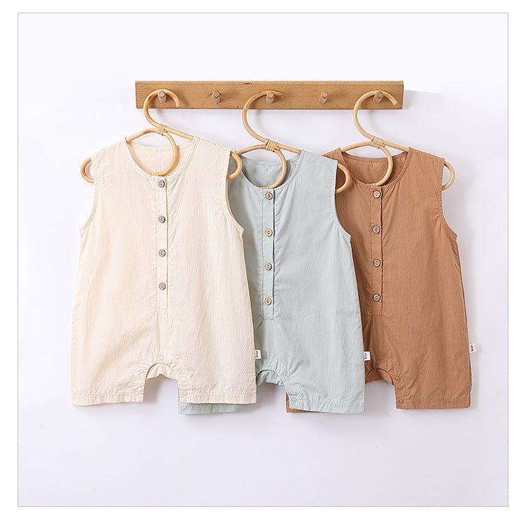 Summer New Arrival Solid Color Crew Neck Button Open Front Sleeveless Rompers-0