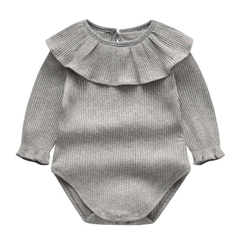 Baby Girl Solid Color Ruffle Neck Design Long Sleeve Onesies-4