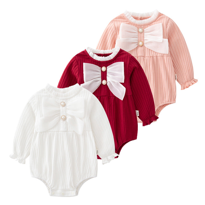 Baby Solid Color Big Bow Patched Design Beautiful Princess Onesies-0