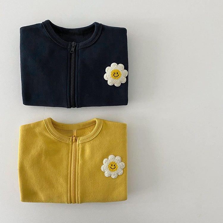 Baby Girl Little Sunflower Patches Pattern Zipper Front Design Cotton Coat-5