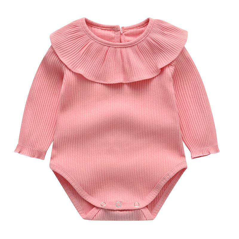 Baby Girl Solid Color Ruffle Neck Design Long Sleeve Onesies-5