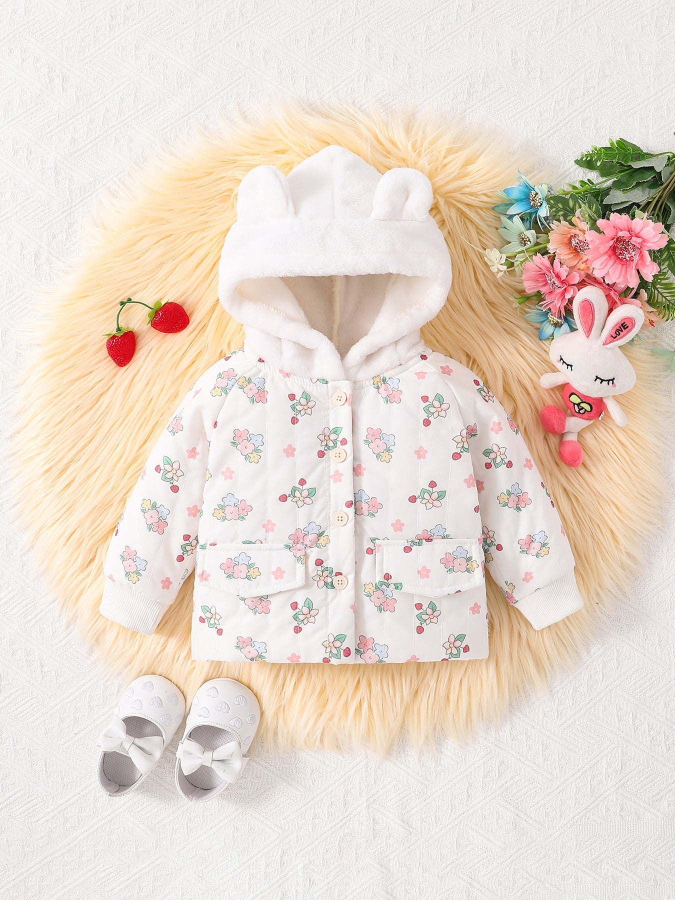 Baby Girls Floral White Rabbit Hoodie Design Popular Coat-0