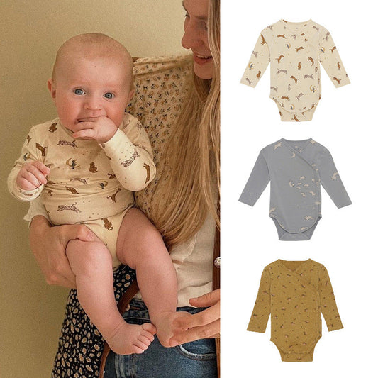 Baby Floral & Animals Graphic Envelope Collar Or Side Opening Design Bodysuit-0