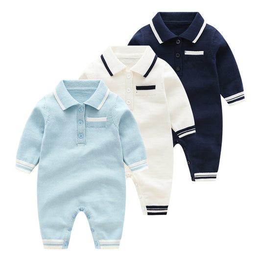 Baby Solid Color Quarter Button Design Lapel Knitted College Style Rompers-0