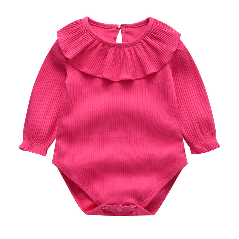 Baby Girl Solid Color Ruffle Neck Design Long Sleeve Onesies-6